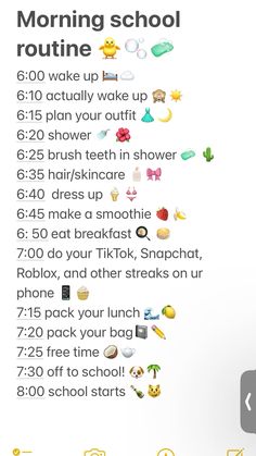 School morning routine 6:00 am to 8:00 🍪☀️💐☁️🍌🍋🧁🌞🌴 8 Am School Morning Routine, Morning Routine From 6:00 To 8:00, Ideas For Morning Routine, School Routines For Middle School 6:00, 8:00 Am Morning Routine, School Morning Routine 5 Am Leave At 7 30, Preppy School Routine, Morning Routine Checklist For School, School Routine 6 Am