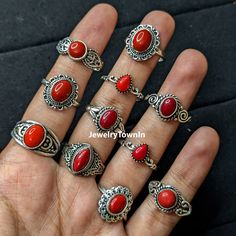 Red Coral Gemstone Wholesale Lot Ring, Designer Rings, Cocktail Rings, Handmade Jewelry, Vintage Jewelry, Man & Woman Rings, Hippie Rings Gemstone- Coral Gem Type- Manmade Color- Red Shape - Mix Material- Brass, gemstone Polish- Silver Ring Size- Mix All of these rings feature a wide array of designs, with the provided image serving as a representative sample for your reference. We are committed to offering a diverse selection of stone and design and will strive to provide as many options as pos Red Coral Ring Design Women, Red Gemstone Toe Ring, Red Toe Ring As Gift, Handmade Red Toe Ring, Adjustable Red Gemstone Rings, Red Open Ring Stackable Rings For Gift, Red Open Stackable Rings As A Gift, Red Open Stackable Rings For Gift, Red Gemstone Stackable Rings For Gifts