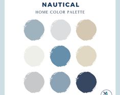 the color scheme for nautical is shown in shades of blue, white and gray with text that