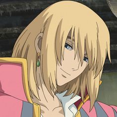 an anime character with blonde hair and blue eyes looking off to the side in front of a stone wall