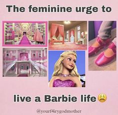 the barbie doll is wearing pink shoes and there are pictures of barbies in her house