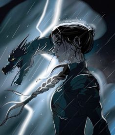 a woman holding an umbrella in the rain with a dragon on her shoulder and lightning behind her