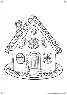 a coloring page with a gingerbread house