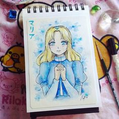 a drawing of a girl with blonde hair and blue eyes holding her hands in front of her chest