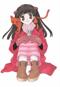 an anime character holding a stuffed animal in her arms and looking at the camera while sitting down