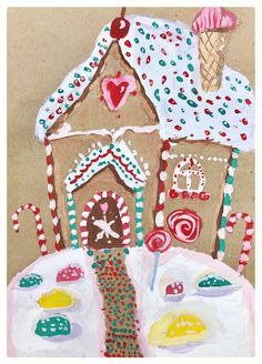 a painting of a gingerbread house with candy canes and candies on it