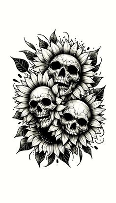 three skulls with sunflowers on their heads are shown in this black and white tattoo design