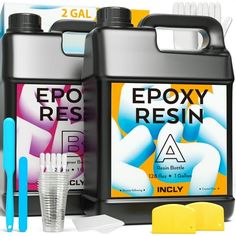 two bottles of epoxy resin with toothbrushes and cleaning wipes