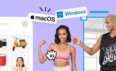 a man and woman standing next to each other in front of a computer screen with the words macos on it