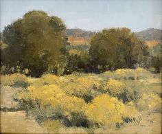 an oil painting of trees and yellow flowers in a field with hills in the background