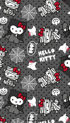 hello kitty halloween wallpaper with black and white polka dots, pumpkins, spider web