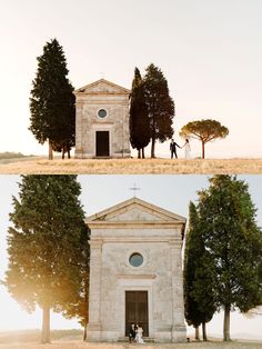 two different shots of people standing in front of a building with trees on each side