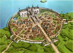 an illustrated map of a castle in the middle of a body of water with buildings on it