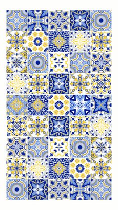 a blue and yellow tile pattern with many different designs on the tiles, all in different colors