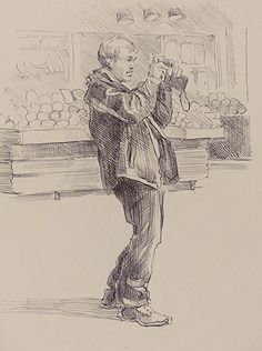 a drawing of a man standing in front of a fruit stand