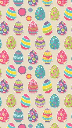 an image of colorful easter eggs on a beige background with flowers and circles in the center