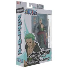 an action figure in the packaging for anime hero series, with green hair and blue eyes