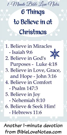 a blue and white christmas card with the words 6 things to believe in at christmas