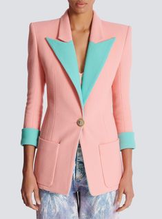 1-button double crepe two-tone jacket pink - Women Casual Blazers For Women, Two Tone Blazer, Chic Blazer, Blazer Women, Denim T Shirt, Suit Coat, Suit Dress, Woman's Fashion, Dress Suit