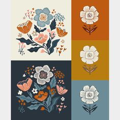 four different flowers are shown in the same color scheme