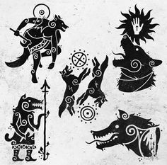 four black and white images of animals with different designs on their body, including an arrow