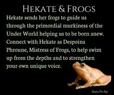 a frog sitting on top of a black background with the words hekate and frogs