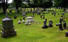 many headstones are placed in the grass near trees and tombstones on the ground