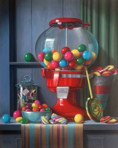 a painting of a red gummy machine with lots of colorful balls in front of it