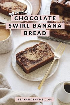 chocolate swirl banana bread on a plate with coffee