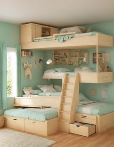 a bedroom with bunk beds and drawers in it