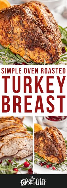 turkey breast with cranberry sauce on the side and text overlay that reads simple oven roasted turkey breast