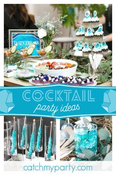 cocktail party with blue decorations and desserts