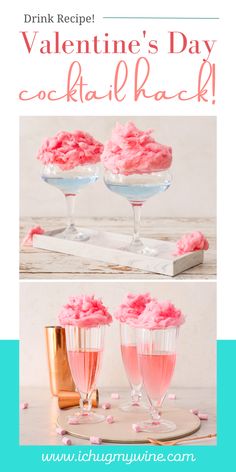 valentine's day cocktail with pink icing and rose petals in wine glasses on a table