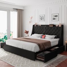 a bedroom with a large bed and white walls