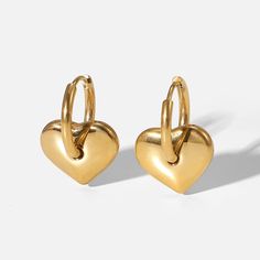 Heart Charm Earrings - Women's Earrings - Someone & HerOwn Tarnish Resistant Gold Plated Dainty Heart Earrings, Elegant Heart Charm Huggie Earrings, Elegant Huggie Earrings For Valentine's Day, Elegant Gold Plated Heart Pendant Earrings, Valentine's Day Tarnish Resistant Drop Earrings, Gold Heart-shaped Huggie Earrings For Everyday, Gold Plated Double Heart Charm Earrings, Elegant Heart Huggie Earrings For Everyday Wear, Everyday Gold Heart Huggie Earrings