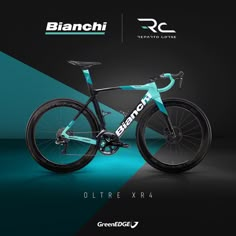 a blue and black bike with the words bianchi on it