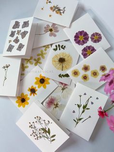 a bunch of cards with flowers on them sitting next to some pink and yellow flowers