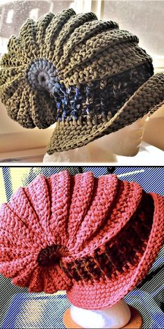 three different hats are shown on top of each other, and one is knitted