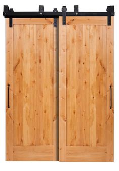 two wooden doors with black hardware on them