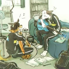 a cat and dog are playing guitar in the living room