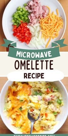 microwave omelette recipe with cheese and vegetables in the middle, on a white plate