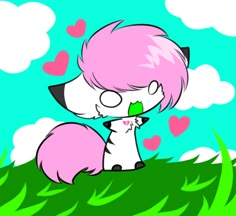 a pink and white cat sitting on top of a lush green field next to a heart shaped cloud