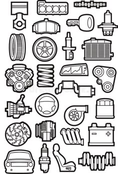 various types of car parts in black and white