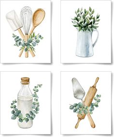 four watercolor paintings of kitchen utensils and greenery