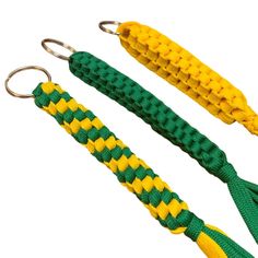 two yellow and green lanyards with metal hooks