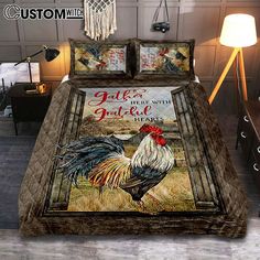 Rooster Chicken Gather Here With Grateful Hearts Quilt Bedding Set Print - Inspirational Quilt Bedding Set Art - Christian Bedroom Home Decor Chicken Bedding, Family Quilt, Chicken Quilt, Farm Quilt, Fresh Sheets, Quilt Bed, Matching Design, In This House We, Heart Quilt