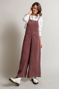 -Color: Available in Faded Olive & Faded Plum -Front pockets -Slouchy silhouette -Wide legs -Square neckline -Adjustable strap -Back tie detail -Textured fabric -Content: 100% Cotton -Imported -Model is 5'10" and wearing size Small Fabric Overalls Outfit, Text Codes, Overall Pants, Jumpsuit Overalls, Boho Clothes, Cotton Jumpsuit, Overalls Pants, Christmas Inspo