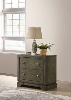 a nightstand with two drawers and a plant on top, in front of a window