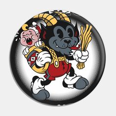 a button with an image of a cartoon character holding a fork and wearing a hat