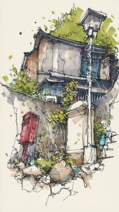 watercolor and ink drawing of an old house